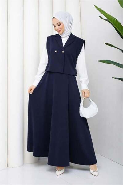 Dipmoda Women's Navy Blue Skirt, Blouse and Vest Three-Piece Hijab Set Dpft007