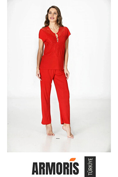 Armoris # Pajama Set Red Combed Cotton Lycra Flexible Women's Stylish Home We...
