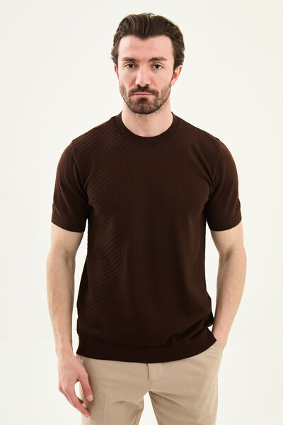 Mcr Pieced Slim Fit Crew Neck Men's Knitwear T-Shirt Brown - 11588.26Y