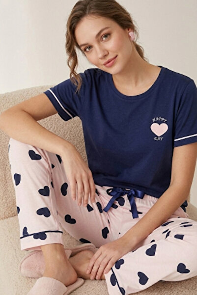 İPEKTENİM Kalp Desenli Mini Happy Day Baskılı Biye Detaylı Kısa Kol Pijama Ta...
