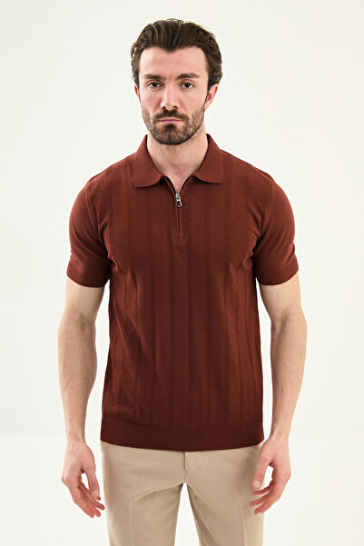 Mcr Patterned Slim Fit Polo Collar Zippered Men's Knitwear T-Shirt Tile - 115...