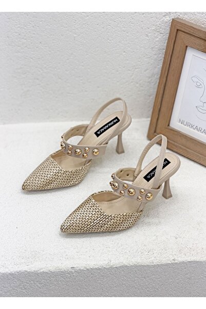 NUR KARACA 1133 Y-870 Wicker-Detail Open Back 9cm Thin Heel Stiletto Shoes fo...