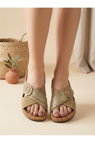 mollissoft Women's Anatomical Cork Sole Cross-Strapped Buckle Casual Slippers