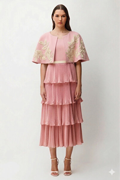 Nefeli Çiçek Nakışlı Bolero ve Pileli Midi Elbise Takım PUDRA