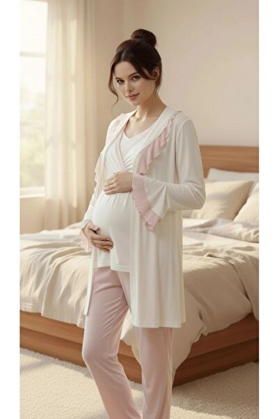 LOHOUSE Women's Powder Shawl Collar 3-Piece Maternity Pajama Set with Dressin...