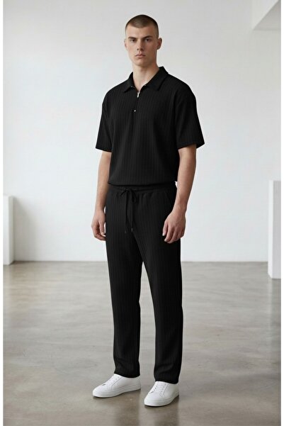 Altamira Ανδρικό μαύρο ριγέ σετ με μισό φερμουάρ