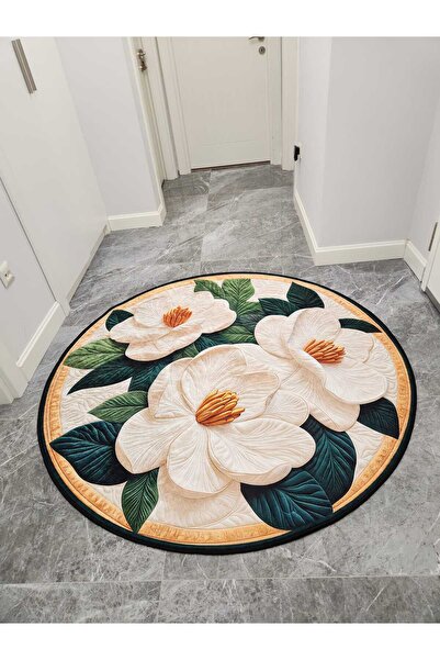 YTR HOME Dijital Baskı Yıkanabilir Kaymaz Taban Dekoratif Yuvarlak Salon Mutf...