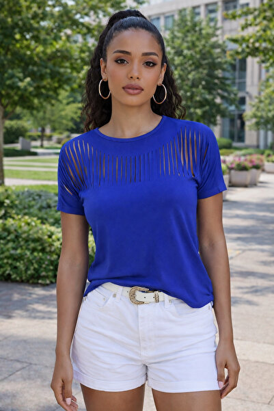 AQE FASHION Women's Blouse Blue Crew Neck Short Sleeve Laser Cut Stylish Casu...