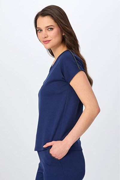 İKİLER Yuvarlak Yaka Omuzu Şerit Detaylı S-Shirt 026-2104