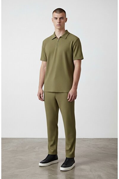 Altamira Men's Khaki Half-Zip Striped Suit
