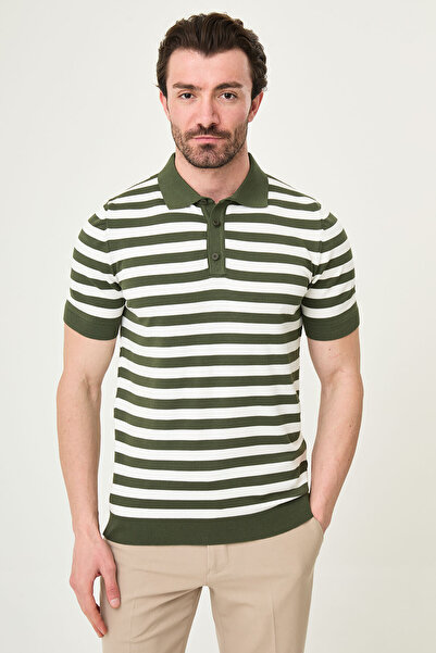 Mcr Tricou tricotat pentru bărbați, cu guler polo, în dungi, slim fit, kaki -...