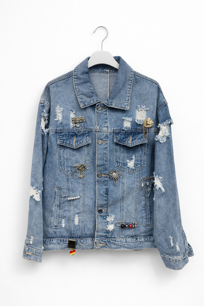 günay boutıque Blue Denim Jacket – Oversized Denim Jacket with Epaulettes, St...