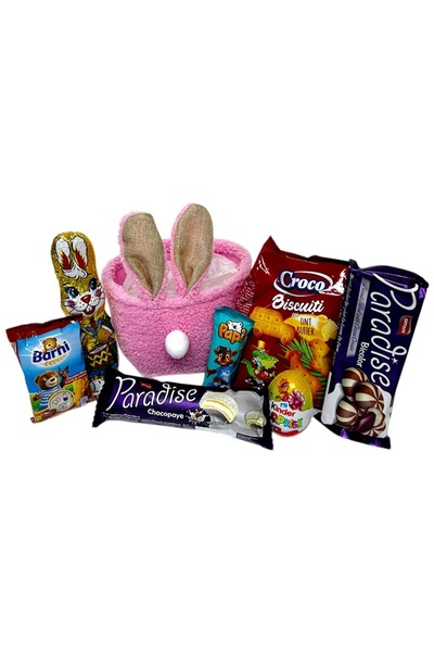 velve Pink Bunny Mix Easter gift basket for children, with Kinder Surprise an...