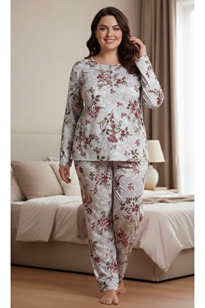 Hukateks Gray Flowery 3 Buttoned Plus Size Long Sleeved Pajama Set