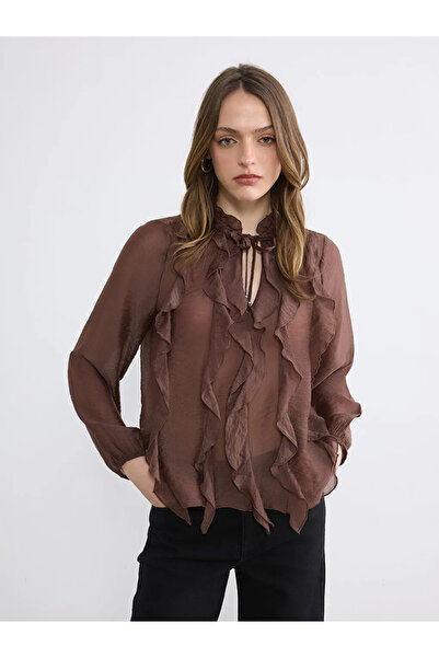 LC Waikiki Kahverengi Bağlamalı Yaka Fırfırlı Bluz