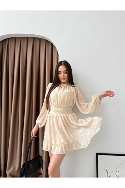 Modayakamoz Women's Half Turtleneck Sleeves Transparent Lined Full Chiffon Dress