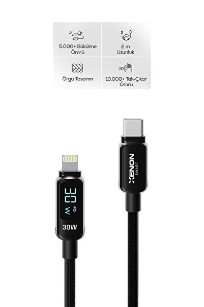 Xenon Smart Type-C to Lightning iPhone Şarj Kablosu | 30W PD Hızlı Şarj, 2m. LED,Örgü, 480Mbps (X6427)