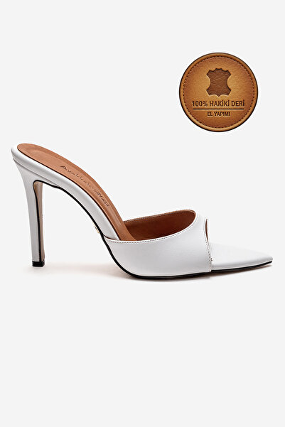 Ayakkabı Ateşi Genuine Leather Handmade White Leather Pointed Toe Thin Heeled...