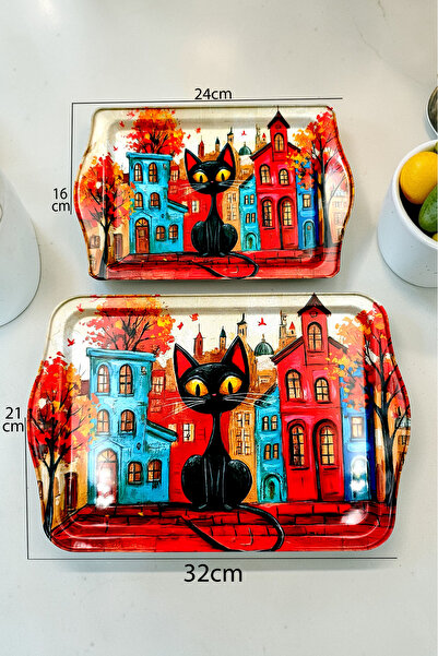 ayyagift Sanatsal Kedi Desenli Dekoratif Metal Tepsi | Modern Tasarım Çift Ta...