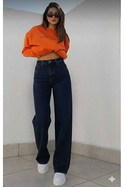 MRİABE Navy Blue Women's 90's Dark Blue Super Extra High Waist Palazzo Loose ...