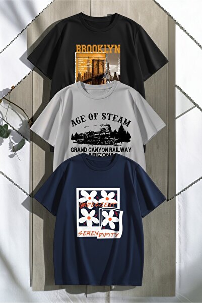 uyguntarz Set de tricouri unisex, negru, gri, bleumarin, cu design din 3 piese