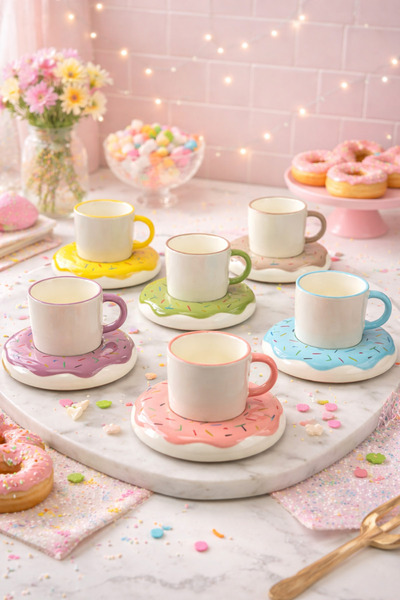 YzHome طقم فناجين قهوة ملونة من البورسلين الفاخر من أكار لـ 6 أشخاص مع طبق دو...