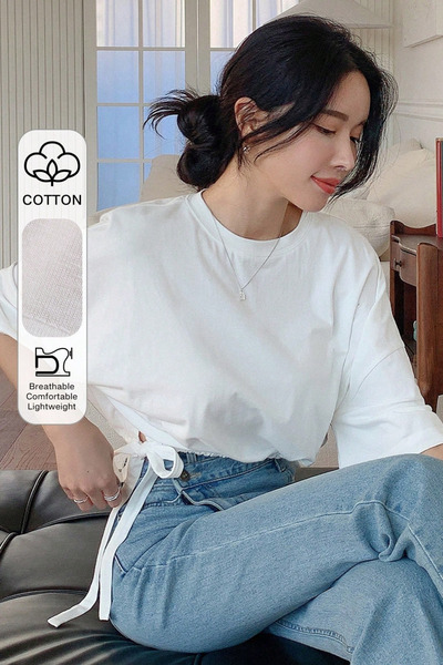 Tarz Cool Women's Oversize Basic White T-Shirt with Side Ties, Comfortable Cu...