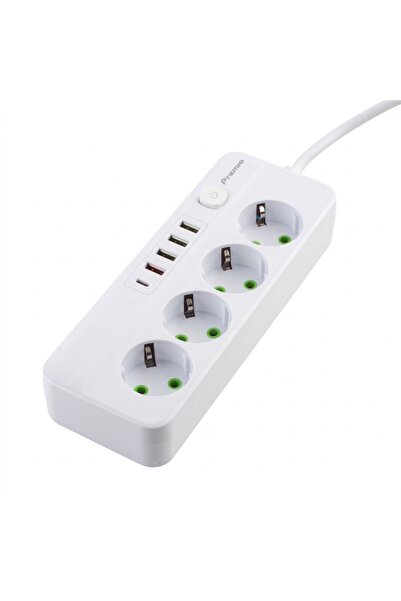 Premio 4 Priz Girişi 4 USB' Li 1 TYP-C Girişli Grup Priz Beyaz Renk 2 Metre 2...
