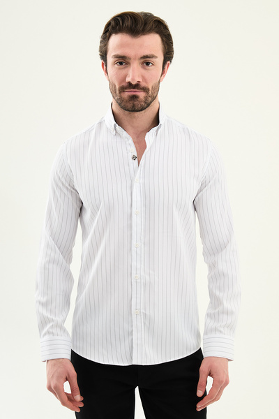 Mcr Cămașă bărbătească cu dungi, croială slim, cu guler înalt și mânecă lungă...