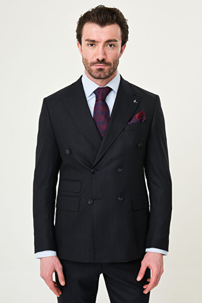 Mcr Striped Slim Fit Wide Collar Double Breasted Men's Suit Navy Blue - 45447...