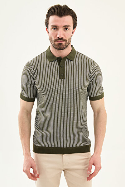 Mcr Ριγέ Ανδρικό Πλεκτό Μπλουζάκι Πόλο Γιακά Στενής Γραμμής Χακί - 11590.26Y