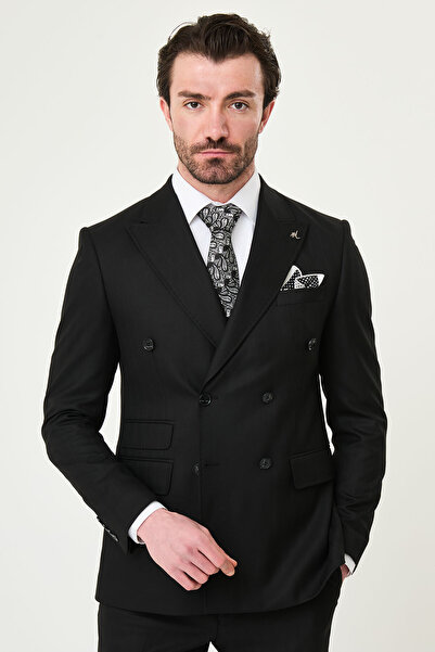 Mcr Striped Slim Fit Wide Collar Double Breasted Men's Suit Black - 45447.26Y