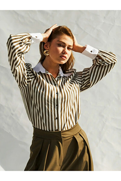 BIGNUANCE Plum White Striped Garnished Long Sleeve Buttoned Shirt Casual Comf...