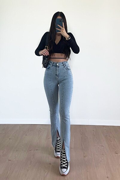 ByCukurovaFrango Morena High Waist Slit Jeans Acid Snow Wash Ice Blue Front S...