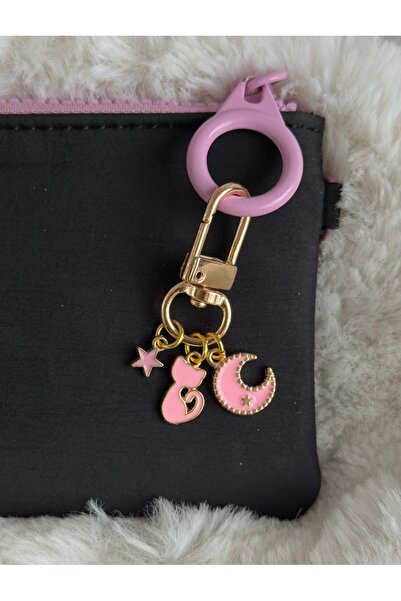 WhimsyWhite Night Cat, Star and Pearl Pink Crescent Figure Keychain - Gold Ba...