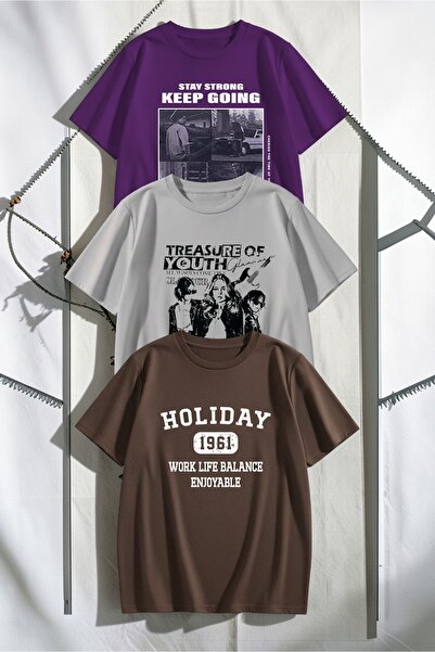 uyguntarz Set de tricouri cu design din 3 piese, unisex, violet, gri, maro