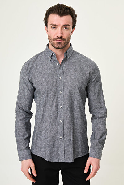 Mcr Straight Slim Fit Button-Collar Linen Men's Shirt Anthracite - 27147.26Y