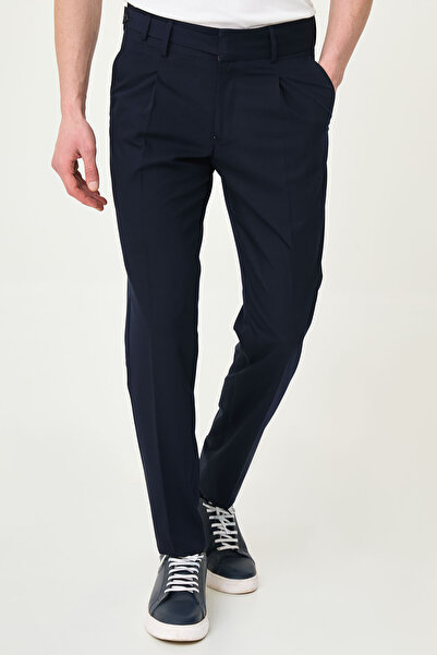 Mcr Straight Slim Fit Pleated Side Buttoned Men's Trousers Navy Blue - 38350.26Y