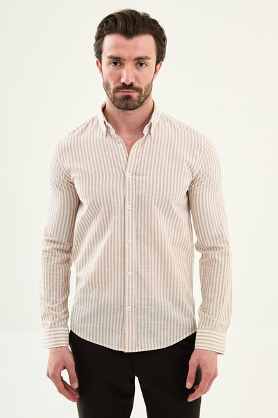 Mcr Striped Slim Fit Long Sleeve Linen Men's Shirt Beige - 27077.25Y