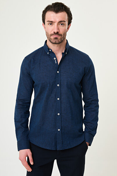 Mcr Straight Slim Fit Button-Collar Linen Men's Shirt Navy Blue - 27147.26Y