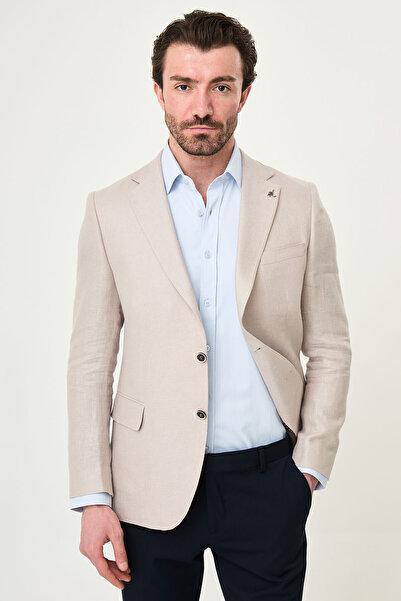 Mcr Patterned Slim Fit Mono Collar Linen Men's Jacket Mink - 41494.26Y