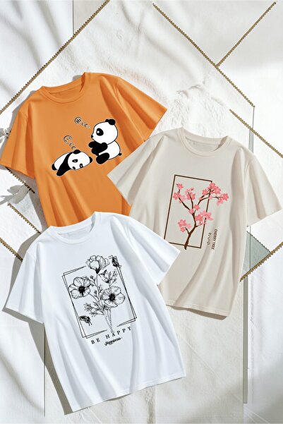 uyguntarz Set de tricouri cu design în 3 piese, unisex, portocaliu, alb, bej