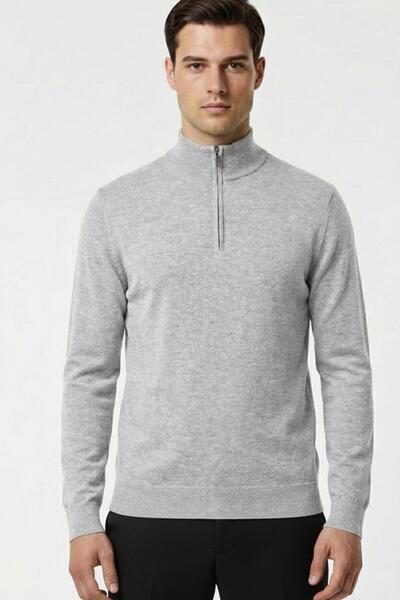 Sabri Özel Black Regular Fit Cotton Zippered Half Turtleneck Men's Knitwear S...