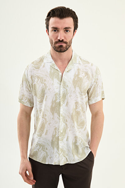 Mcr Patterned Slim Fit Lapel Collar Short Sleeve Men's Shirt Green - 27128.26Y