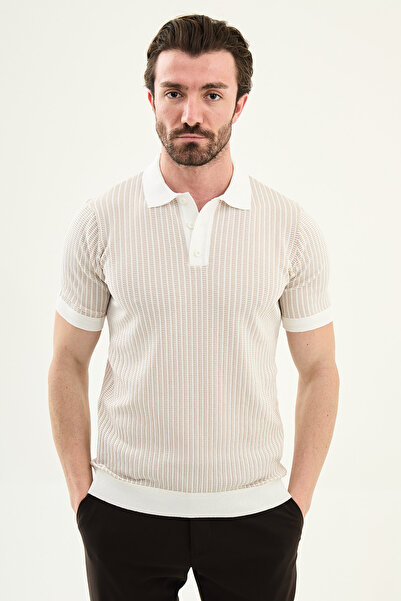 Mcr Striped Slim Fit Polo Collar Men's Knitwear T-Shirt White-Beige - 11590.26Y
