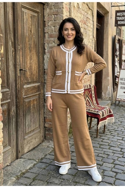 YusGos Women's Gold Buttoned Striped and Pocket Detailed Crew Neck Cardigan T...