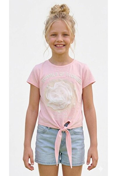 Bambam Момичешка розова плетена къса тениска с детайли от бели рози -4318
