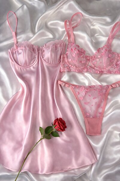 HAMA LOVE طقم ملابس داخلية نسائية من الساتان الوردي