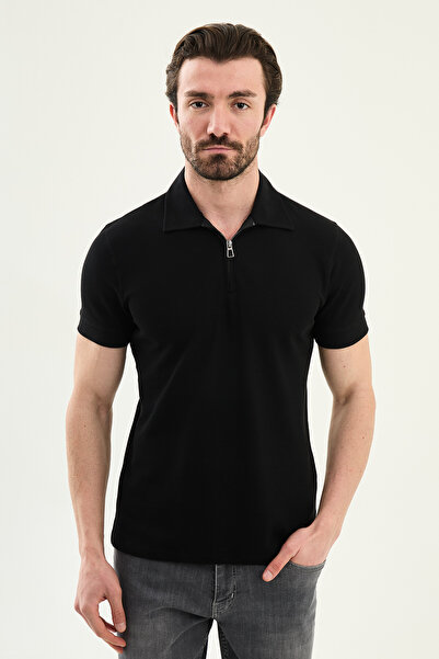 Mcr Plain Slim Fit Zippered Polo Collar Men's T-Shirt Black - 36859.26Y