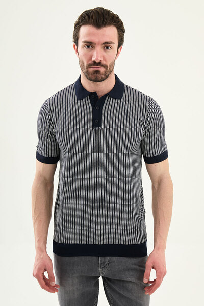 Mcr Striped Slim Fit Polo Collar Men's Knitwear T-Shirt Navy Blue - 11590.26Y
